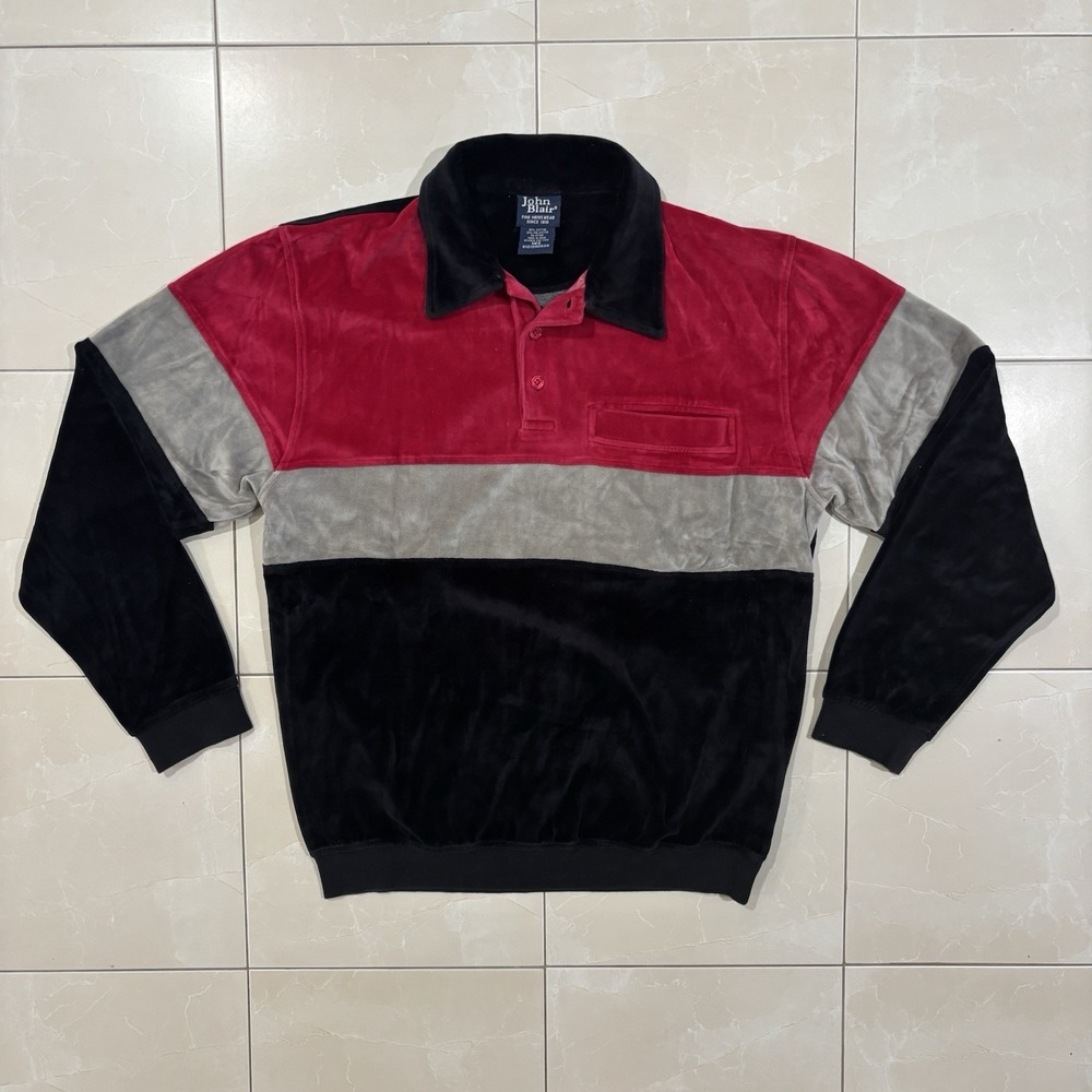 Vintage 90s Rugby Shirt Velour Velvet Color Block Men's Medium Polo Skate Grunge